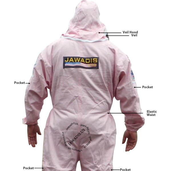 Back Profile of Jawadis Pink Full Bee Suit Worn by Beekeeper