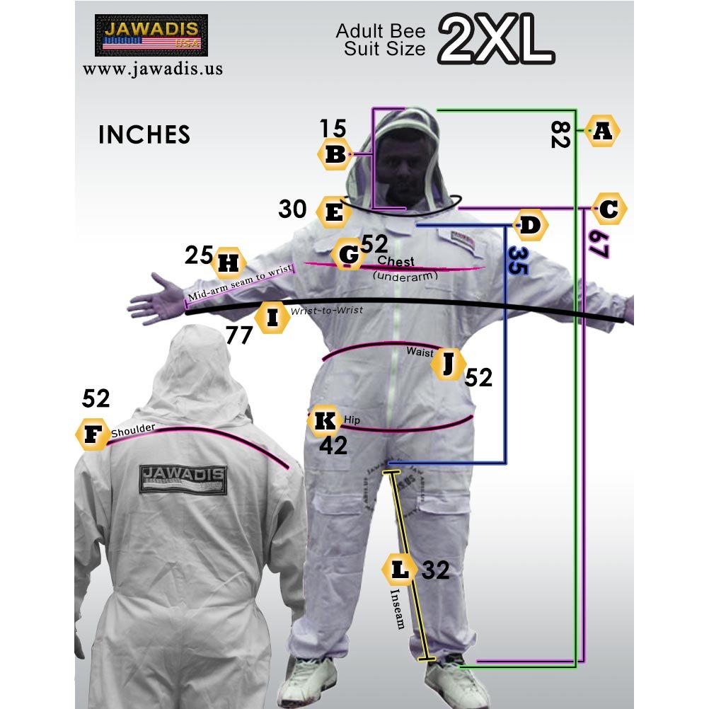 Jawadis Sizing Guide for Adult Beekeeper Suit size 2XL