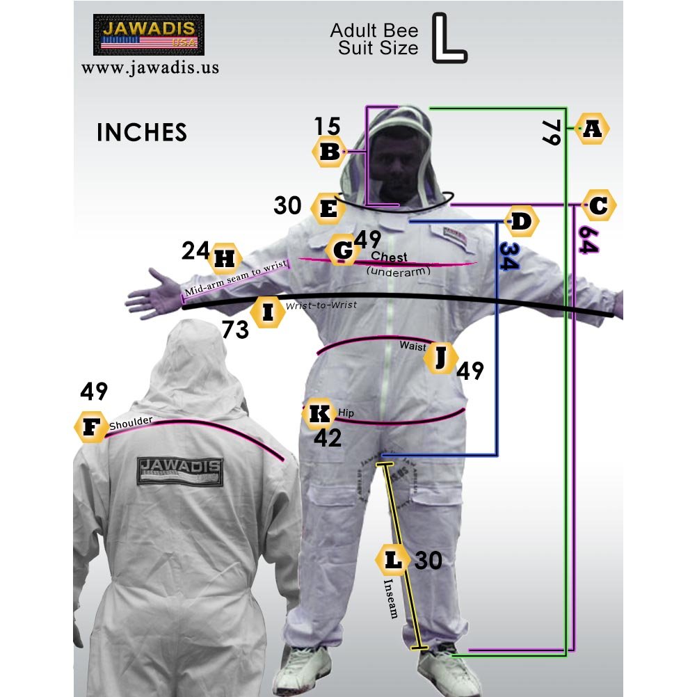 Jawadis Sizing Guide for Adult Beekeeper Suit size Large
