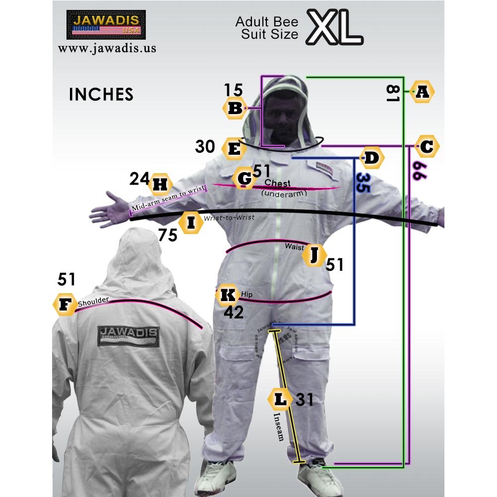 Jawadis Sizing Guide for Adult Beekeeper Suit size XL