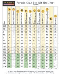 Jawadis Adult Bee Suit Size Chart Inches