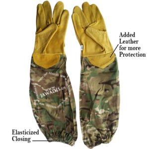 Leather beekeeping gloves front view with elbow-length military camouflage cotton sleeves