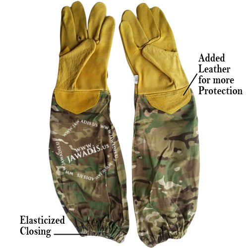 Leather beekeeping gloves front view with elbow-length military camouflage cotton sleeves