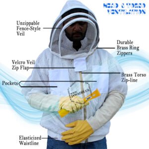 Front view of Jawadis ventilated beekeeping jacket with fencing-style veil